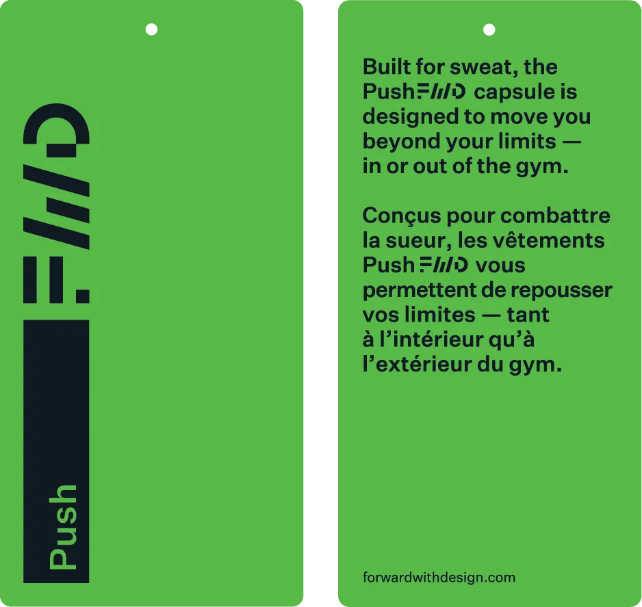 Push FWD swing tag, front and back