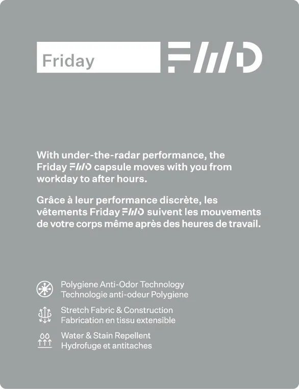 Friday FWD hangtag — white on grey