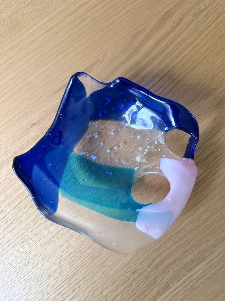 Fused glass bowl — cobalt, teal and blush