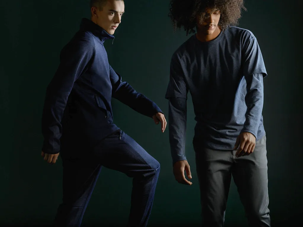 State Concepts — navy half-zip and layered long sleeve on dark green