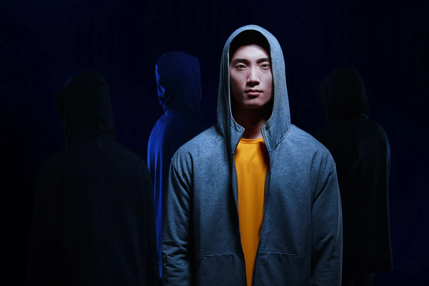 State Concepts — grey zip hoodie, saffron tee