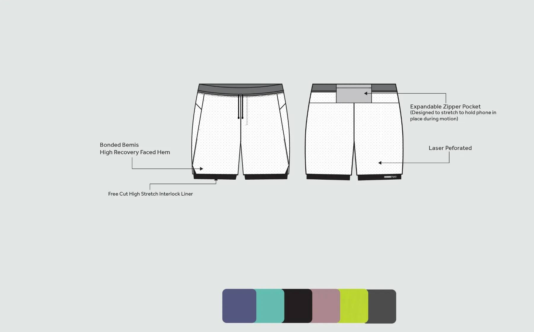Aviate — technical sketch, Perforated 5” Short — Lined