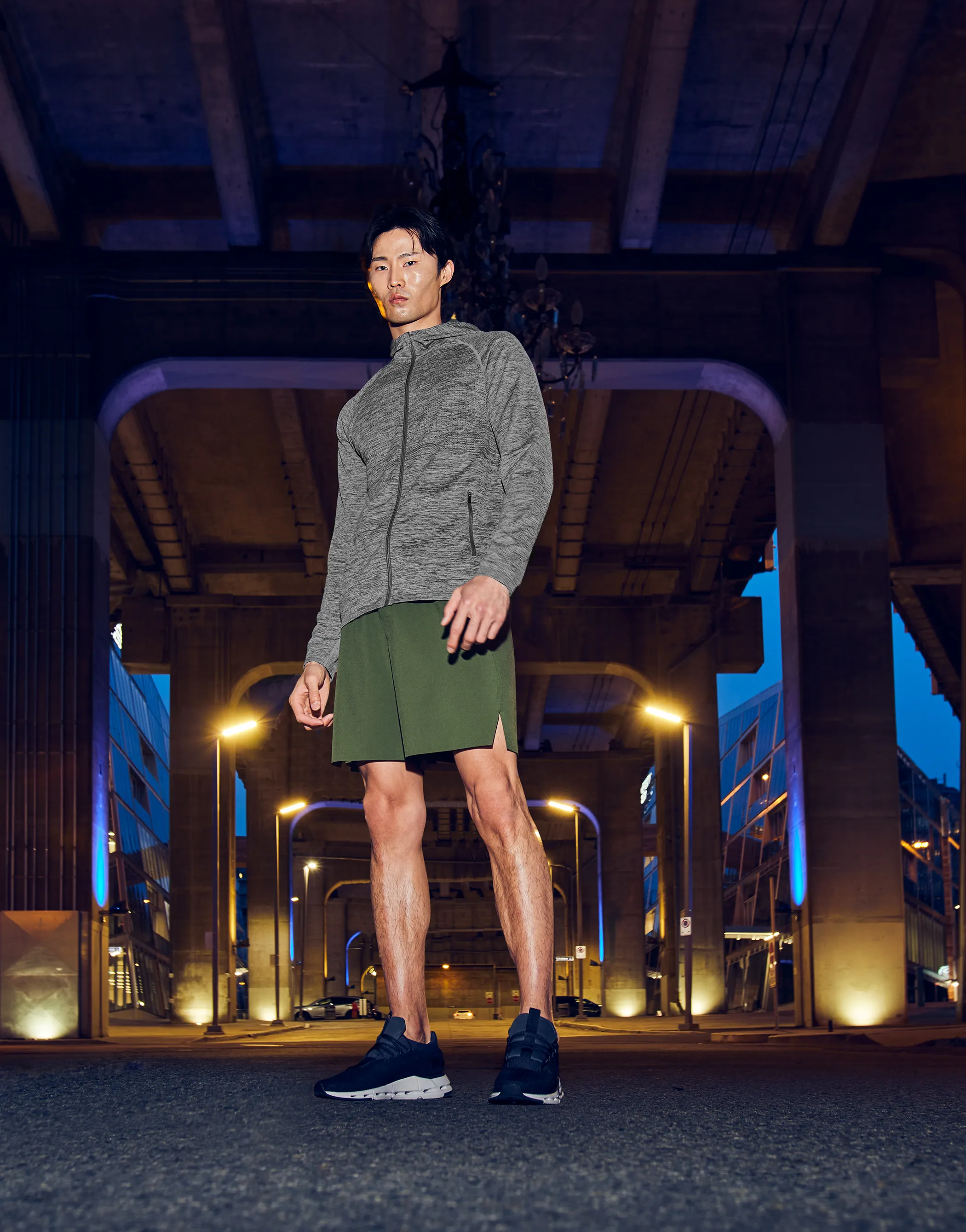 FWD — night underpass, grey zip hoodie and olive short